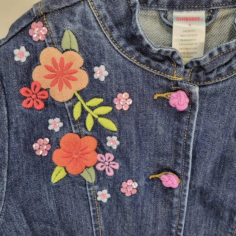 Gymboree Floral Embroidered Button Front Blue Denim Jacket Girls‎ Size 9